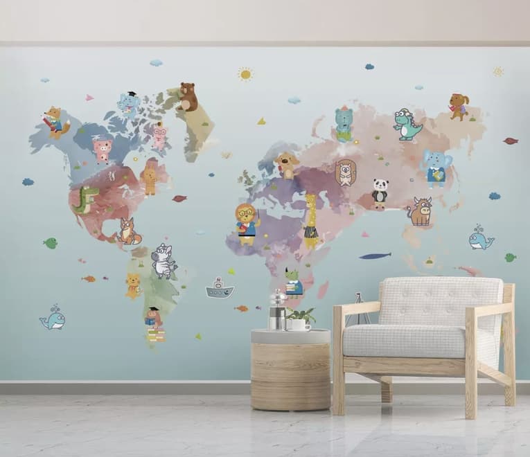 Pink Purple World Map with Animals Wallpaper Mural