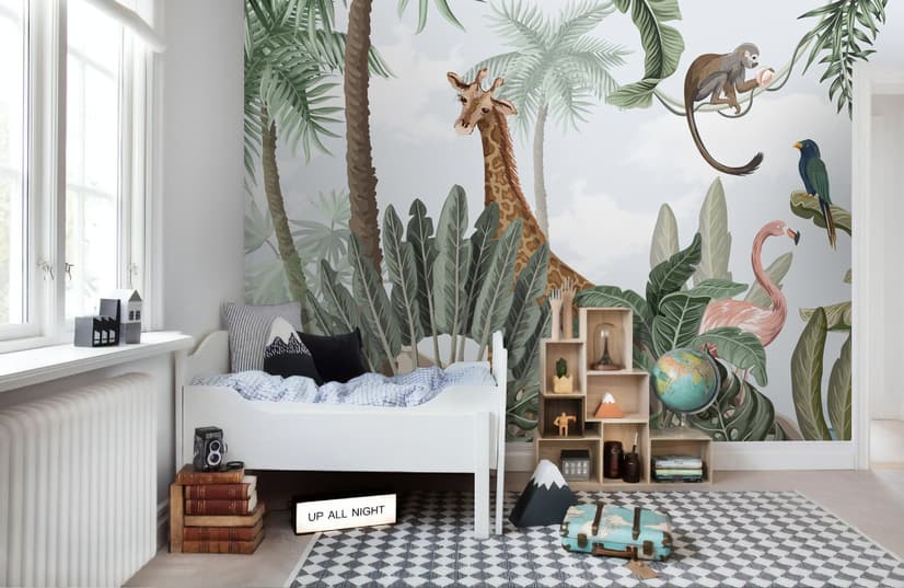 Kids Nursery Pink Flamingo and Cute Giraffe Safari Animals Wallpaper Mural