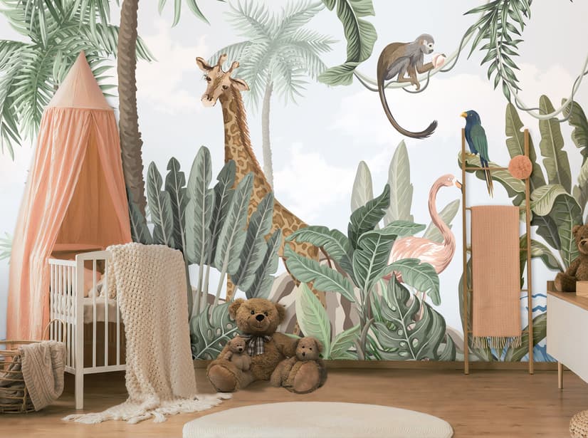 Kids Nursery Pink Flamingo and Cute Giraffe Safari Animals Wallpaper Mural