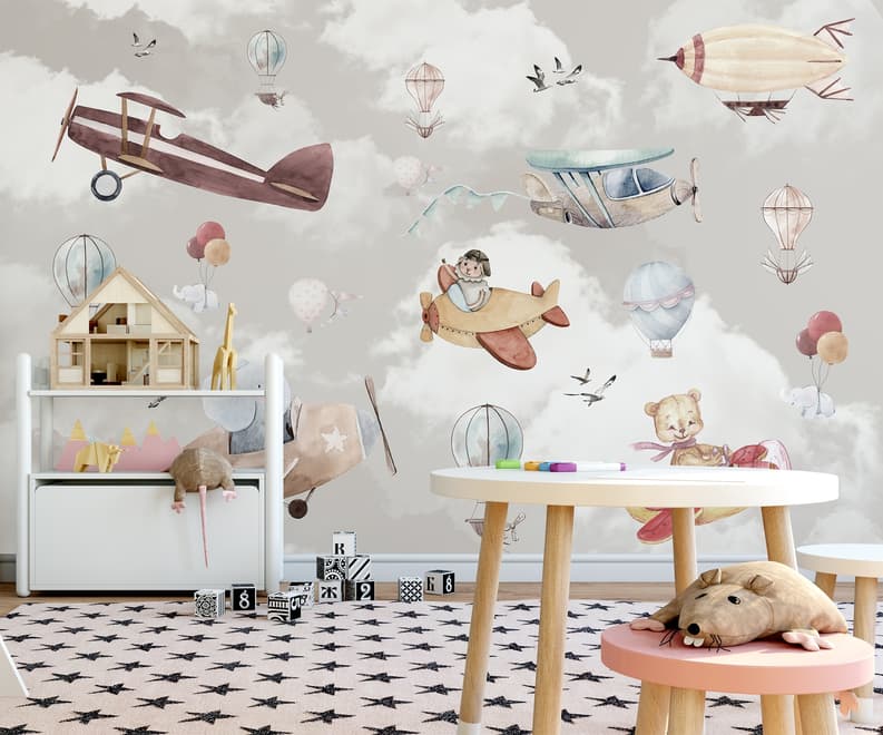 Kinderzimmer Fototapete Cartoon-Tiere fliegen mit Flugzeug