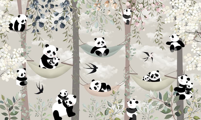 Nursery Panda Bear on Hammock Trees Wallpaper Mural