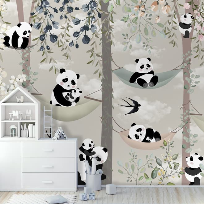 Fototapete Kinderzimmer Panda-Bär auf Hängemattenbäume