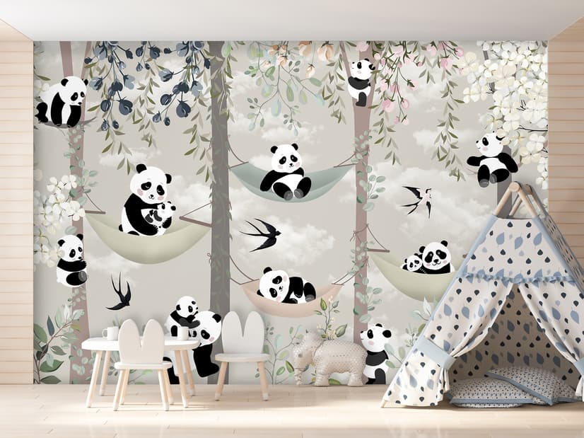Nursery Panda Bear on Hammock Trees Wallpaper Mural