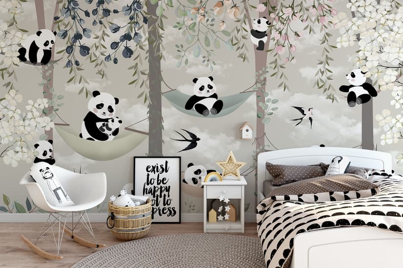 Nursery Panda Bear on Hammock Trees Wallpaper Mural