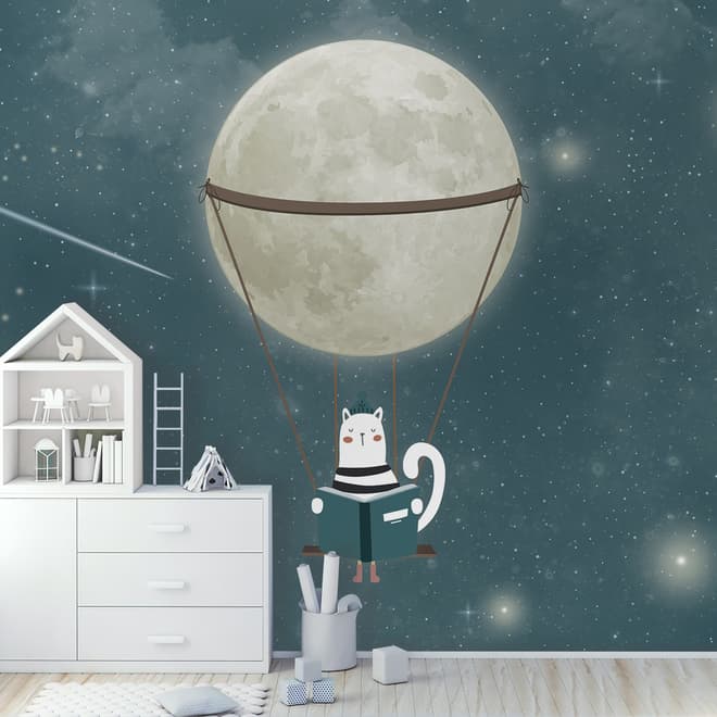 Papier peint panoramique chat balançoire lune brillante enfants