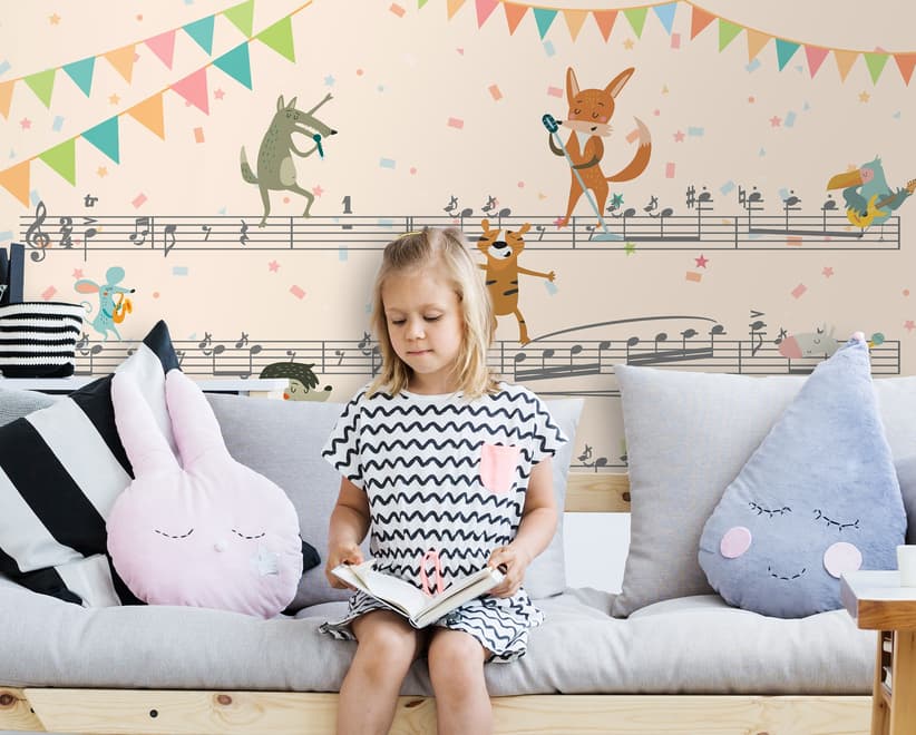 Fototapete mit Cartoon-Tieren auf Musiknoten