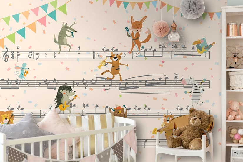 Cartoon Animals on Music Notes Wallpaper Mural