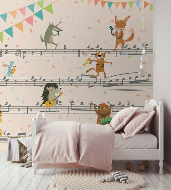 Cartoon Animals on Music Notes Wallpaper Mural