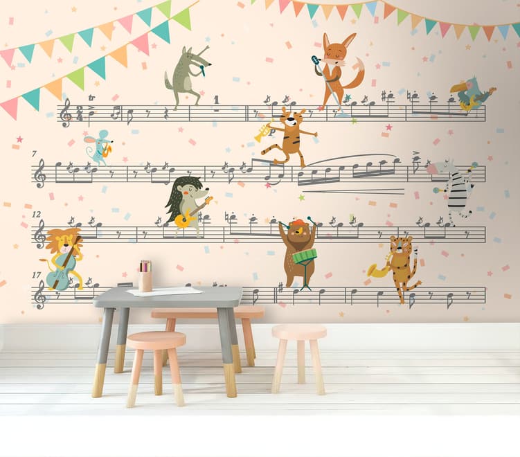 Cartoon Animals on Music Notes Wallpaper Mural