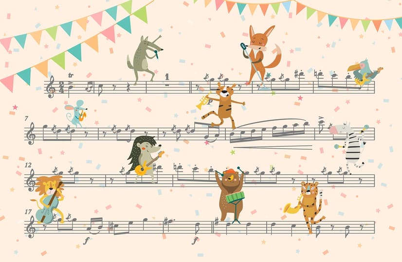 Cartoon Animals on Music Notes Wallpaper Mural