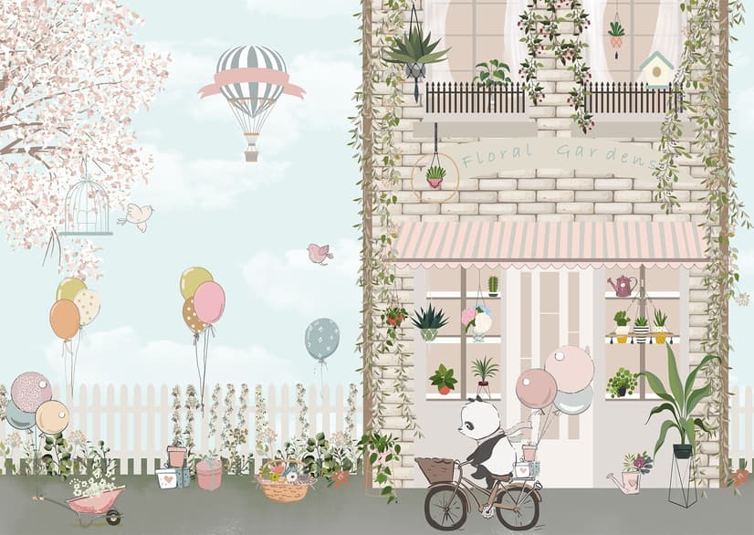 Panda Bear with Balloons  in front of Floral Garden Home Kids Wallpaper Mural