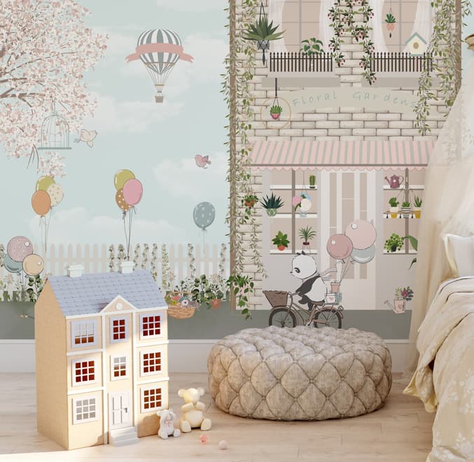 Panda Bear with Balloons  in front of Floral Garden Home Kids Wallpaper Mural