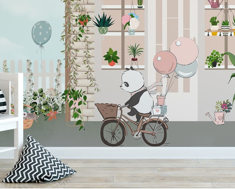 Panda Bear with Balloons  in front of Floral Garden Home Kids Wallpaper Mural