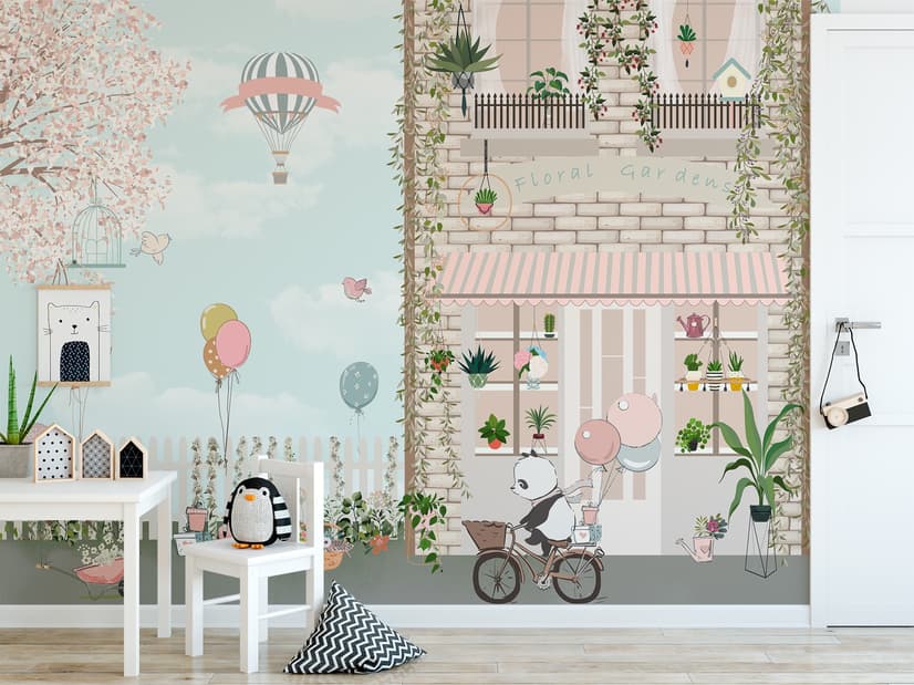 Panda Bear with Balloons  in front of Floral Garden Home Kids Wallpaper Mural