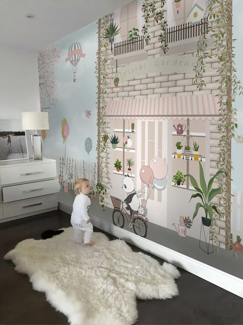 Panda Bear with Balloons  in front of Floral Garden Home Kids Wallpaper Mural