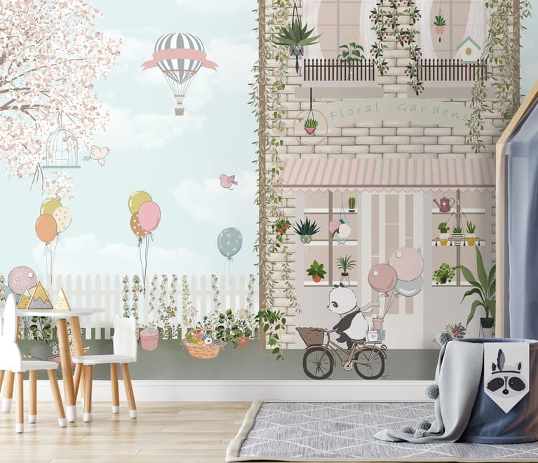 Panda Bear with Balloons  in front of Floral Garden Home Kids Wallpaper Mural