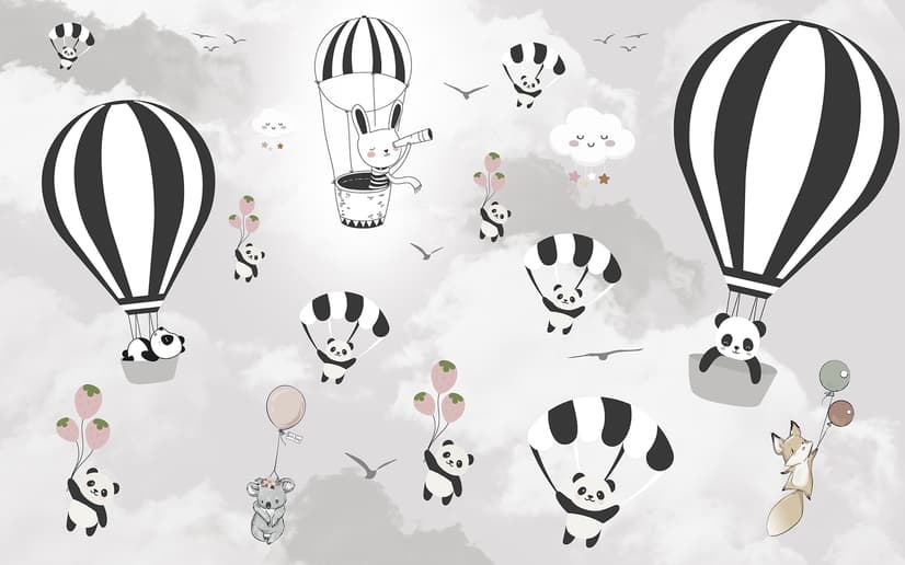 Hot Air Balloon with Cartoons Animals Kids Nursery Wallpaper Mural