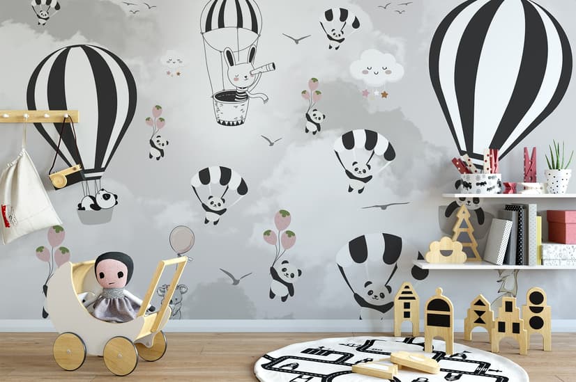 Heißluftballon mit Cartoon-Tieren Fototapete für das Kinderzimmer