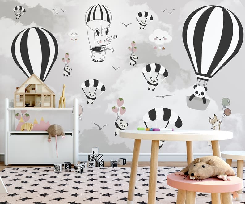 Hot Air Balloon with Cartoons Animals Kids Nursery Wallpaper Mural