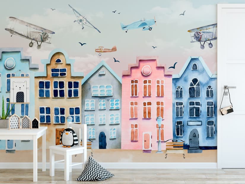 Helicopters on Colorful Amsterdam Style Houses Wallpaper Mural