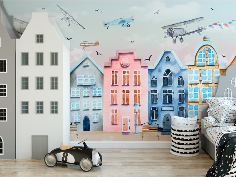 Helicopters on Colorful Amsterdam Style Houses Wallpaper Mural