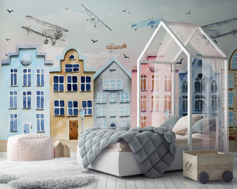 Helicopters on Colorful Amsterdam Style Houses Wallpaper Mural