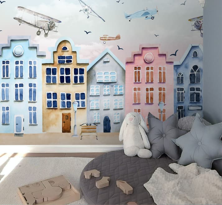 Helicopters on Colorful Amsterdam Style Houses Wallpaper Mural
