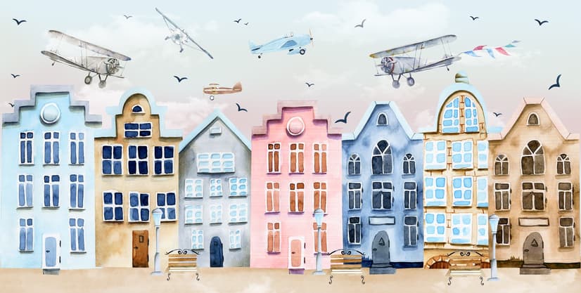 Helicopters on Colorful Amsterdam Style Houses Wallpaper Mural