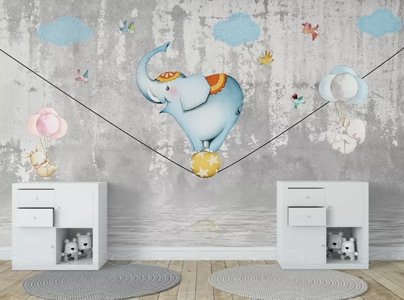 Slackline with Cartoon Elephant on the Ball Wallpaper Mural