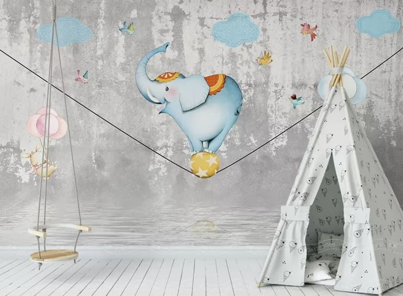 Slackline with Cartoon Elephant on the Ball Wallpaper Mural