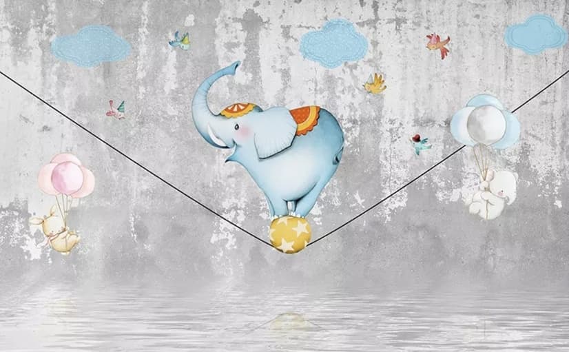 Slackline with Cartoon Elephant on the Ball Wallpaper Mural