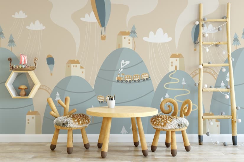 Papier peint Montgolfière douce avec petite maison