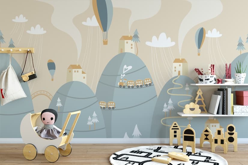 Soft Hot Air Balloon with Little Home Wallpaper Mural