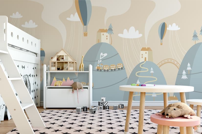 Soft Hot Air Balloon with Little Home Wallpaper Mural