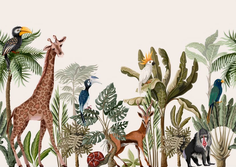 Aquarell Dschungel und Safari Tiere Fototapete