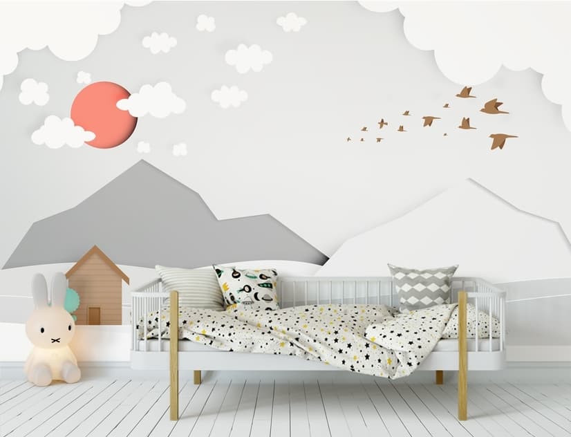 Papier peint panoramique paysage montagneux blanc et gris pour enfants