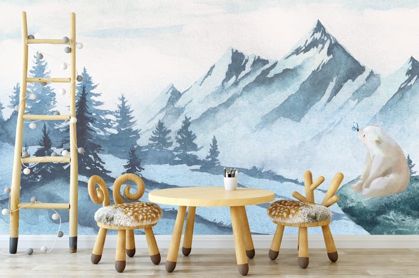 Papier peint panoramique pour enfants, paysage de montagne avec ours de dessins animés