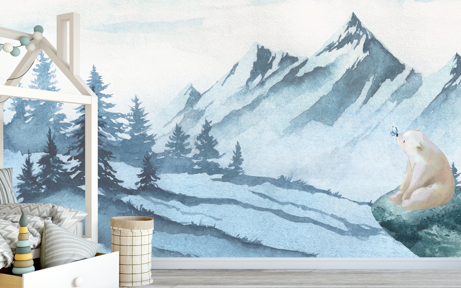 Kids Mountain Landscape with Cartoon Bear Wallpaper Mural