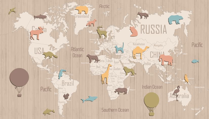 Kinderholzstil Weltkarte mit bunten Tiersilhouetten Fototapete