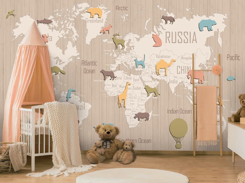 Kinderholzstil Weltkarte mit bunten Tiersilhouetten Fototapete