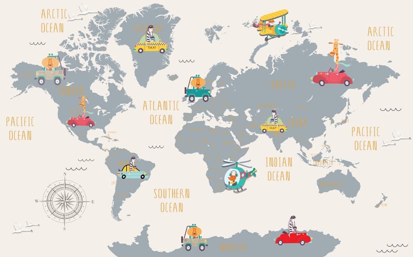 Kids World Map with Little Cars Wallpaper Mural