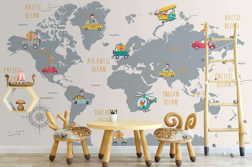 Kids World Map with Little Cars Wallpaper Mural