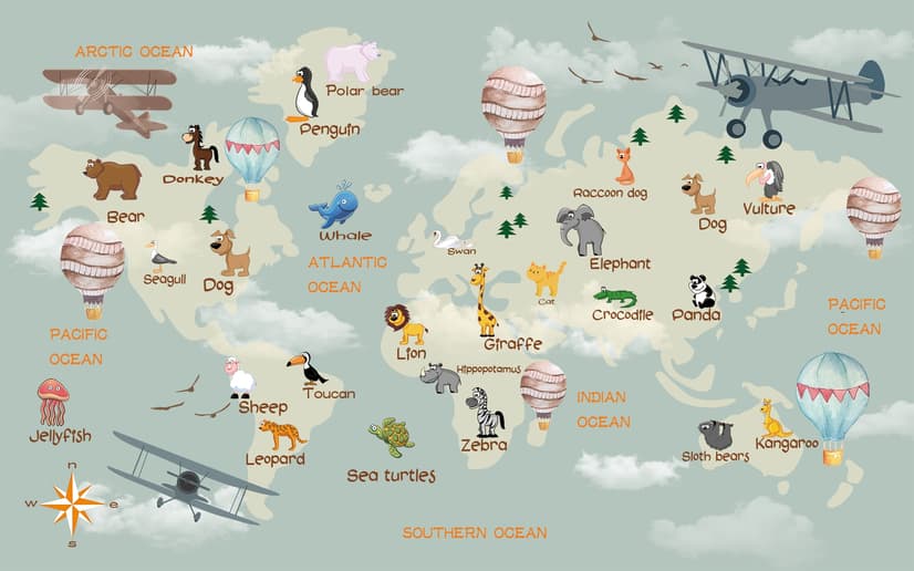 Kids World Atlas with Animals Wallpaper Mural