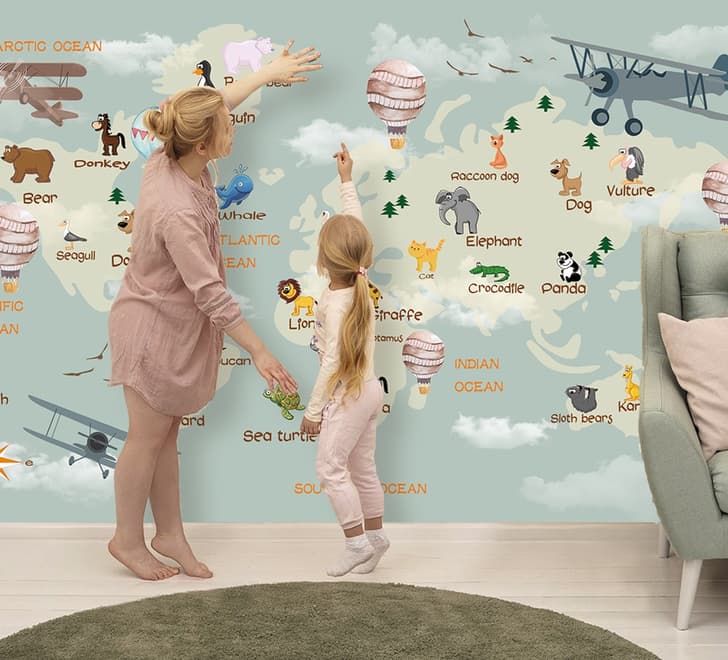 Kids World Atlas with Animals Wallpaper Mural