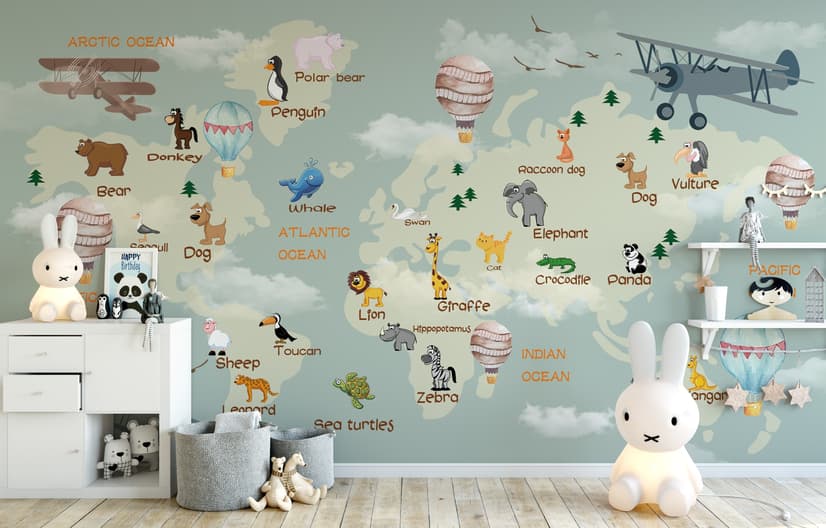 Kids World Atlas with Animals Wallpaper Mural