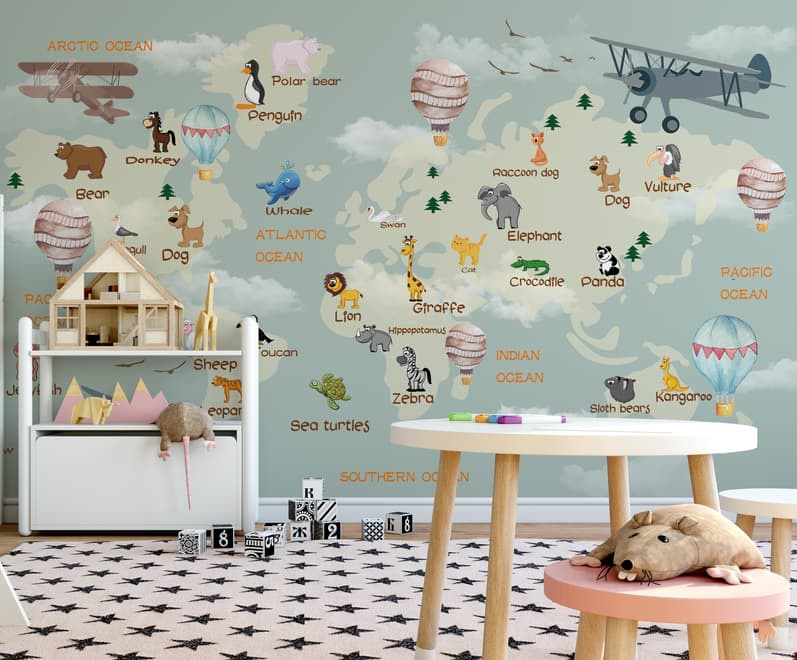 Kids World Atlas with Animals Wallpaper Mural
