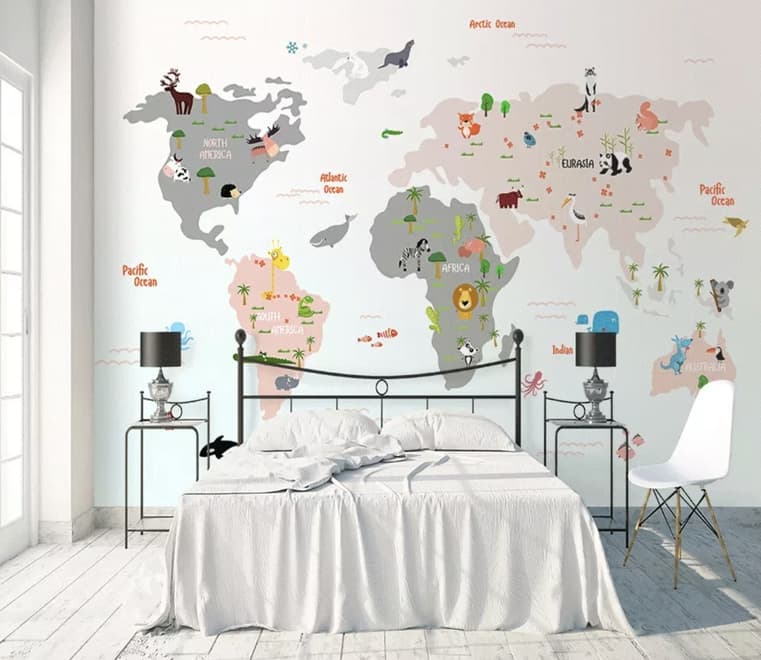 Colorful Kids World Map with Cartoon Animals Wallpaper Mural
