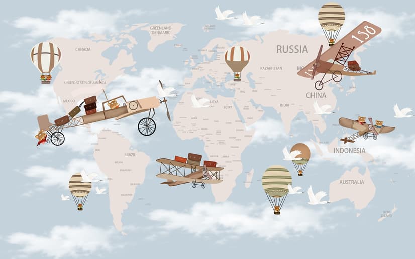 World Map with Hot Air Balloons and Helicopters Wallpaper Mural