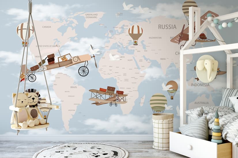 World Map with Hot Air Balloons and Helicopters Wallpaper Mural
