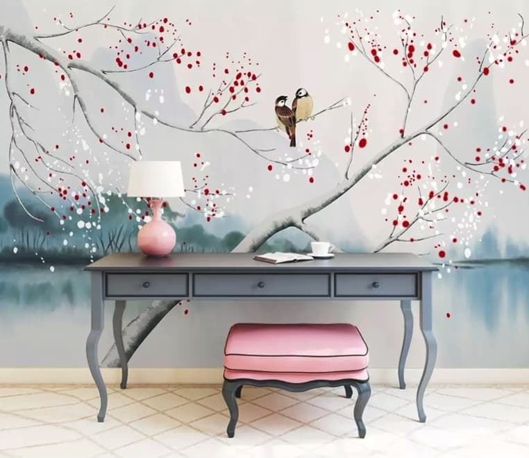 Watercolor Lake Landscape with Birds Wallpaper Mural